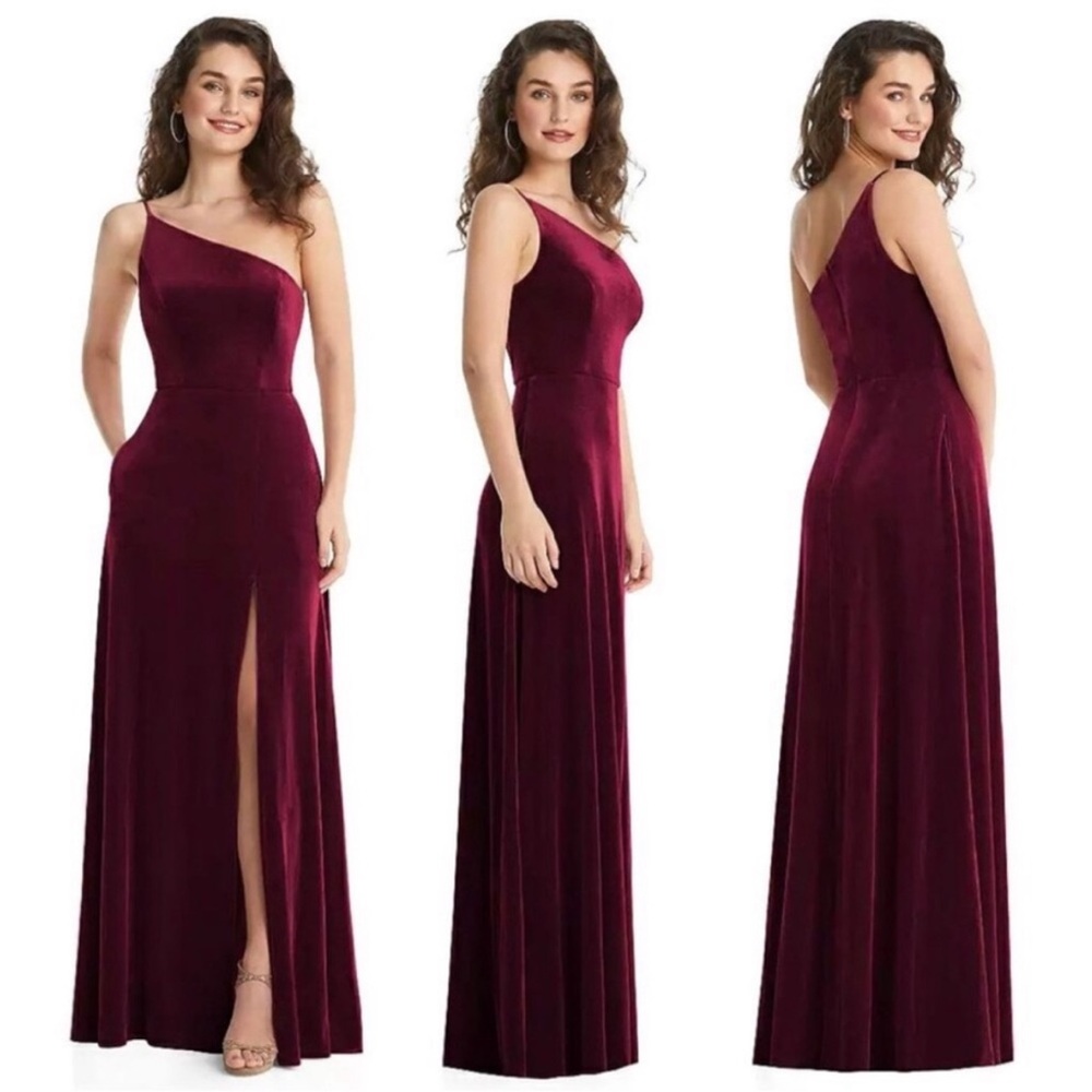 After Six 1556 Cabernet Velvet One Shoulder Gown Sz 22